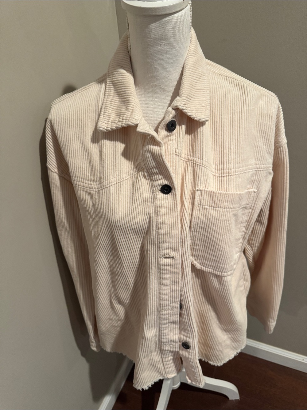 Zara corduroy cream colored relaxed fit shacket with raw edges, size S